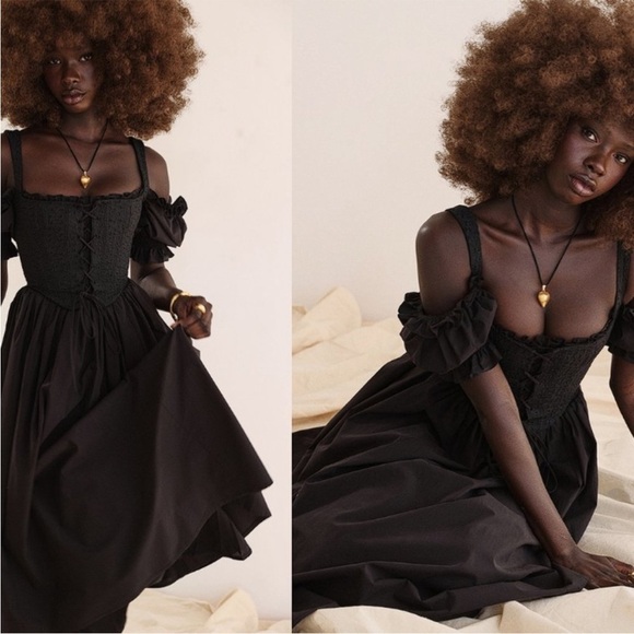 House of CB Silvana Black Puff Sleeves Midi Length SunDress Size Medium - Picture 14 of 14